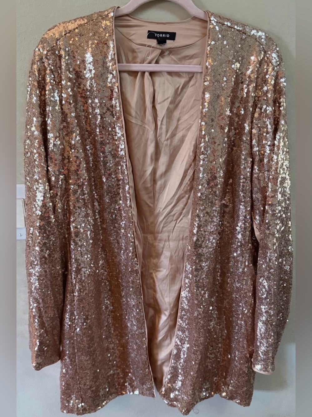 Torrid rose gold sequined longline jacket size 2
